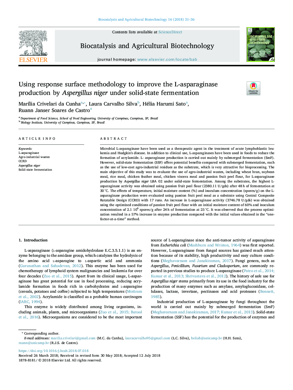 Using response surface methodology to improve the L-asparaginase production by Aspergillus niger under solid-state fermentation