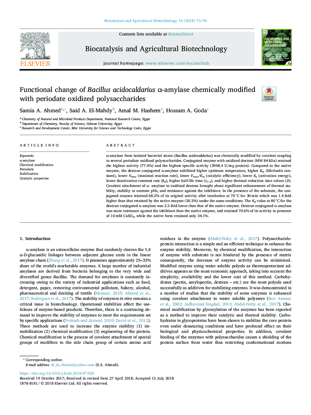 Functional change of Bacillus acidocaldarius Î±-amylase chemically modified with periodate oxidized polysaccharides