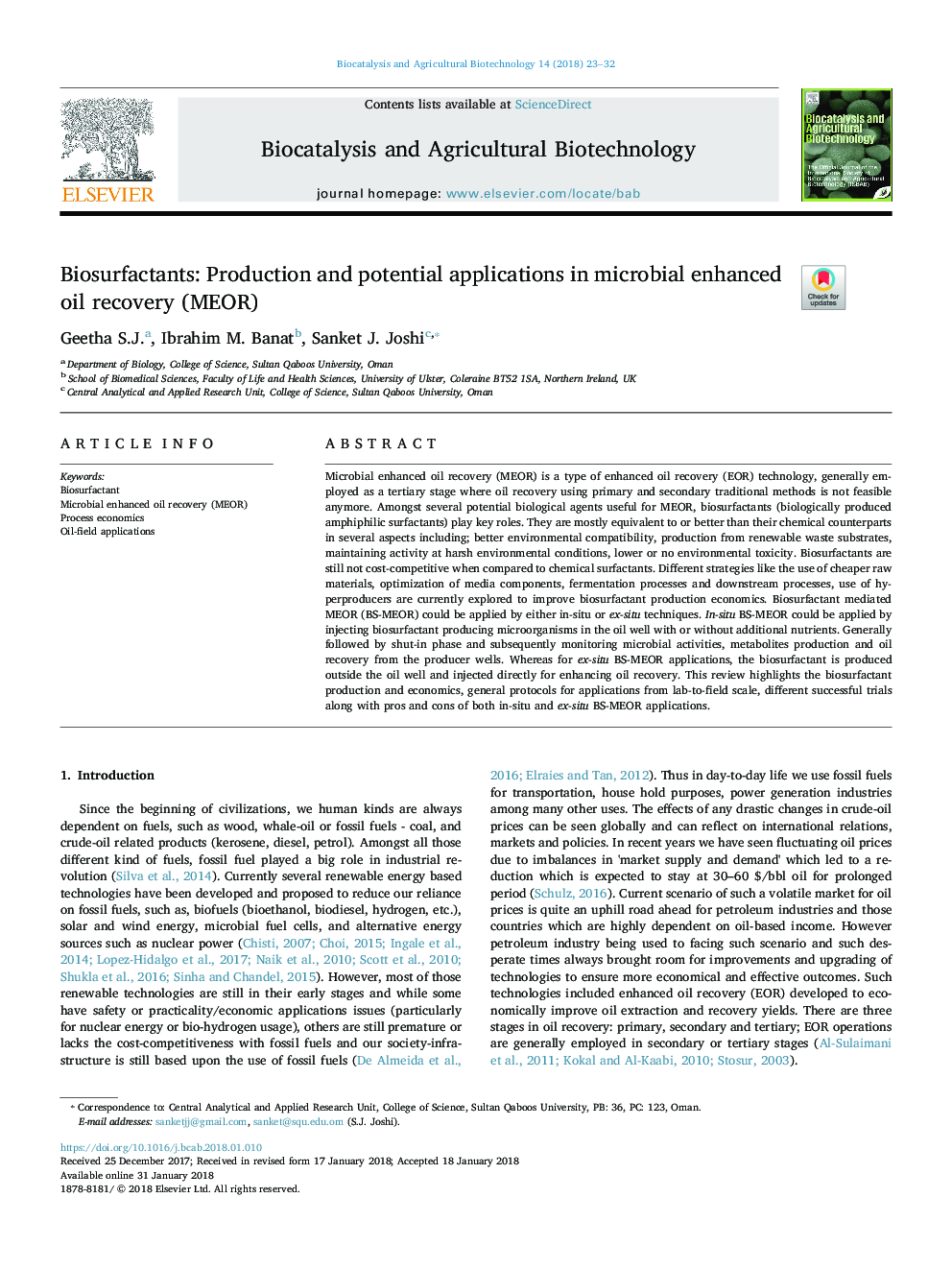 Biosurfactants: Production and potential applications in microbial enhanced oil recovery (MEOR)