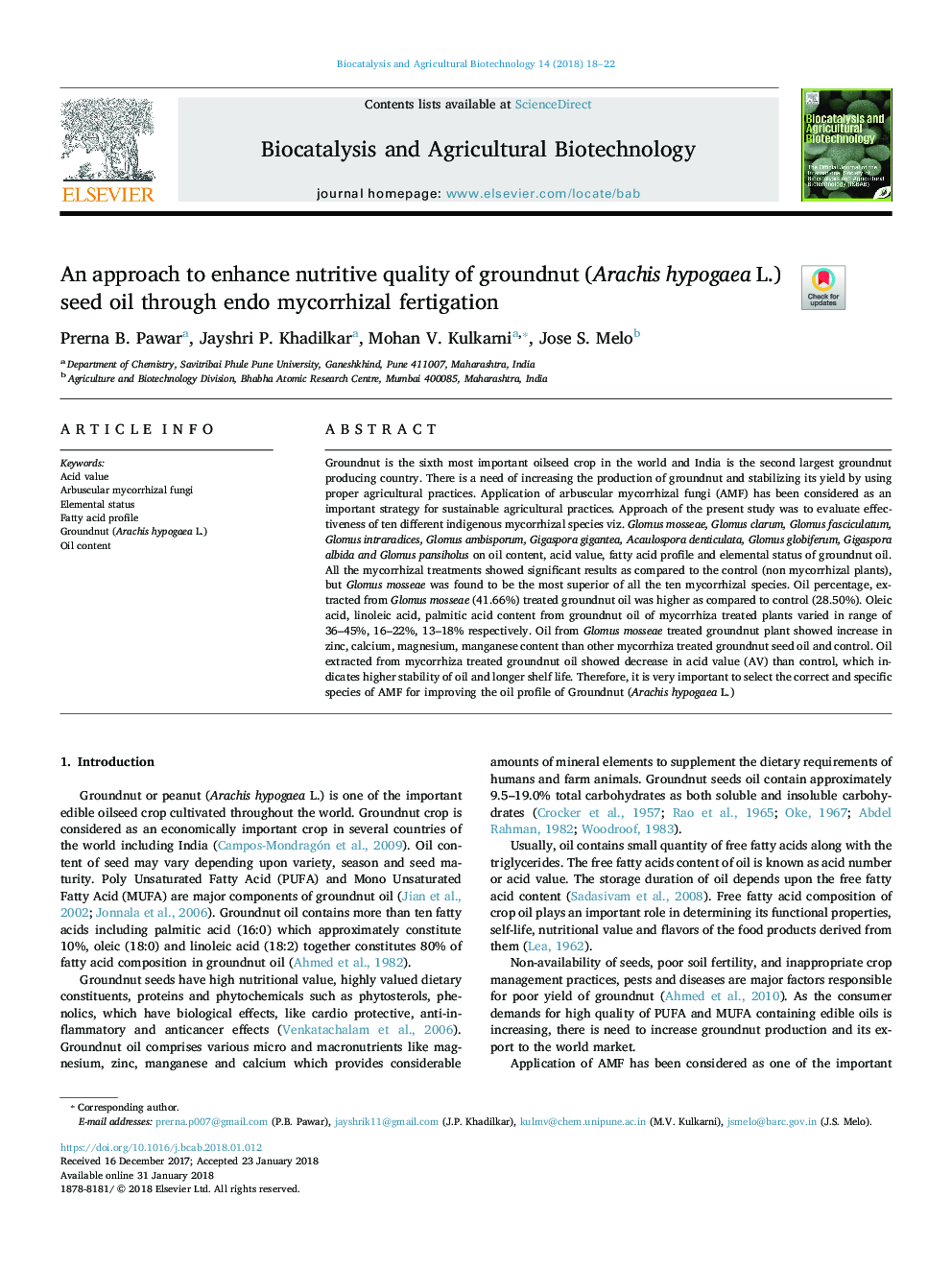 An approach to enhance nutritive quality of groundnut (Arachis hypogaea L.) seed oil through endo mycorrhizal fertigation