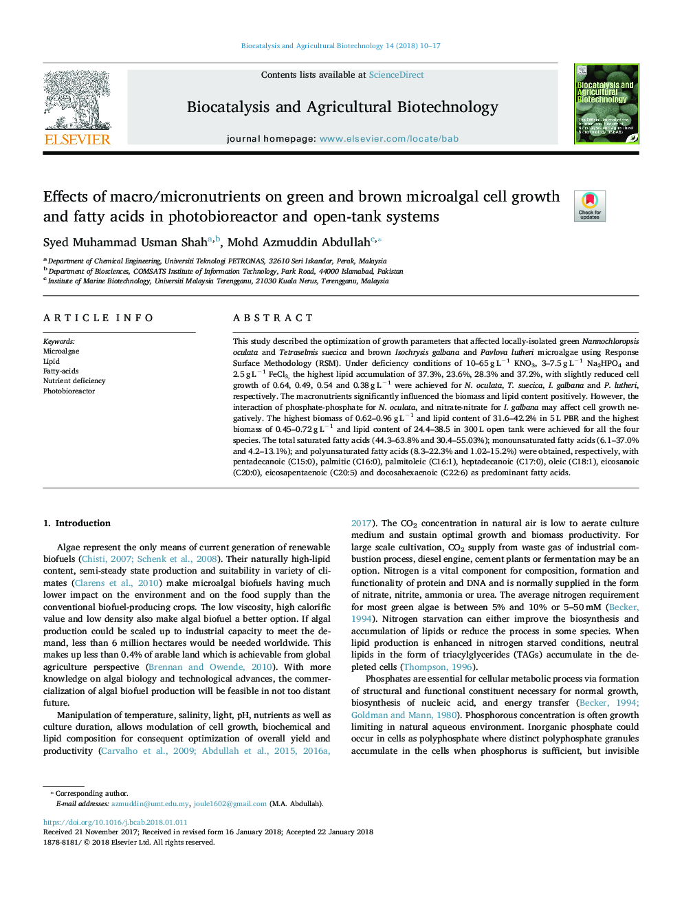 Effects of macro/micronutrients on green and brown microalgal cell growth and fatty acids in photobioreactor and open-tank systems