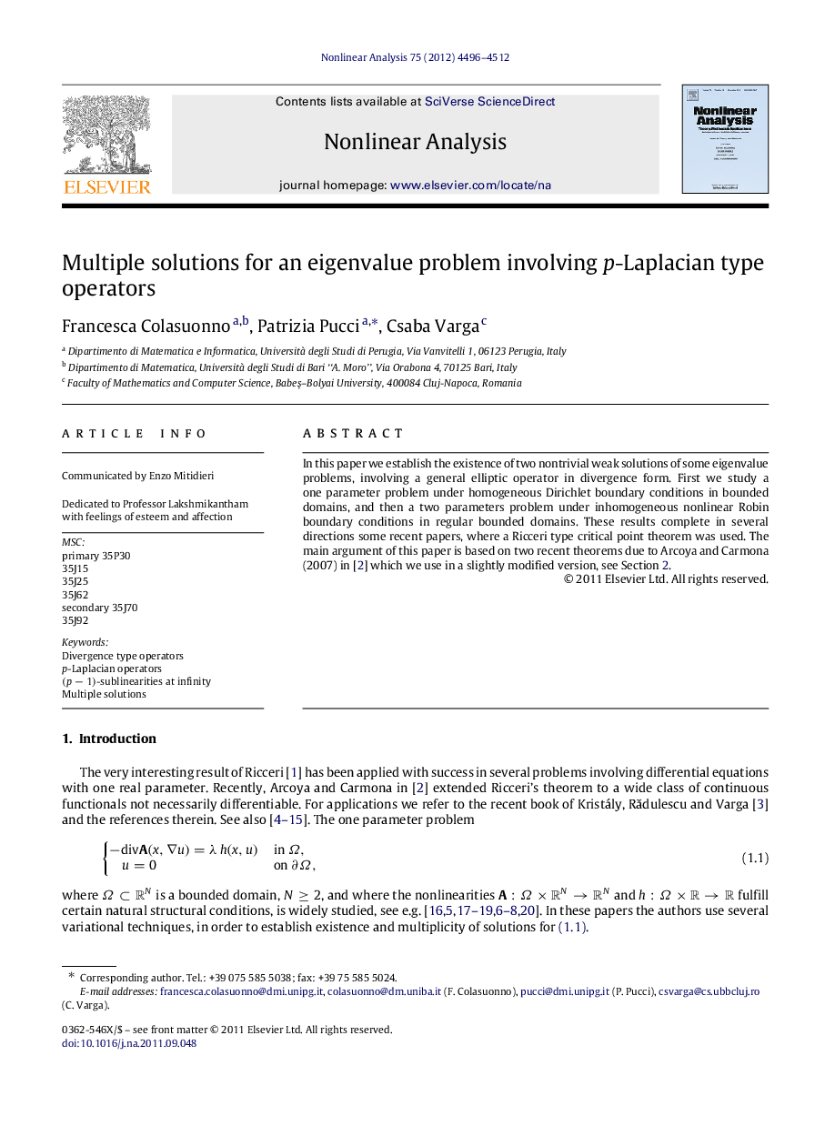 Multiple solutions for an eigenvalue problem involving pp-Laplacian type operators