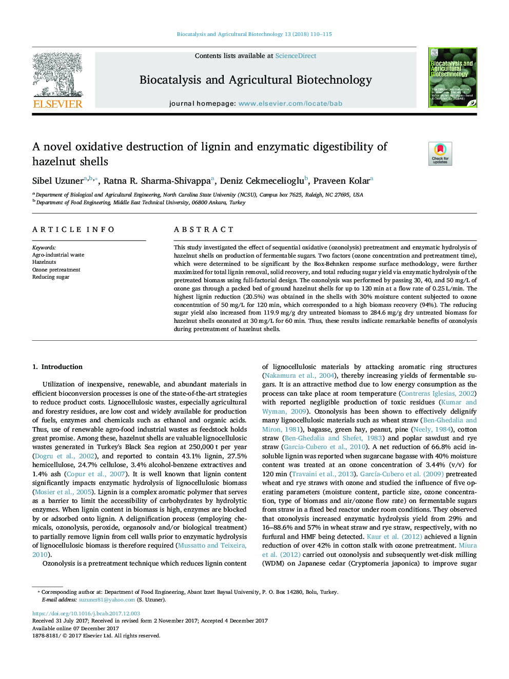 A novel oxidative destruction of lignin and enzymatic digestibility of hazelnut shells