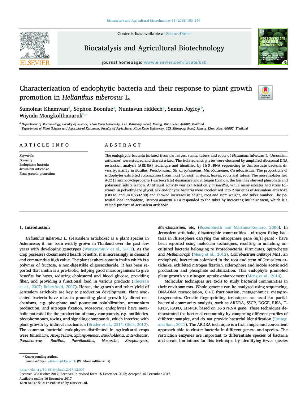 Characterization of endophytic bacteria and their response to plant growth promotion in Helianthus tuberosus L.