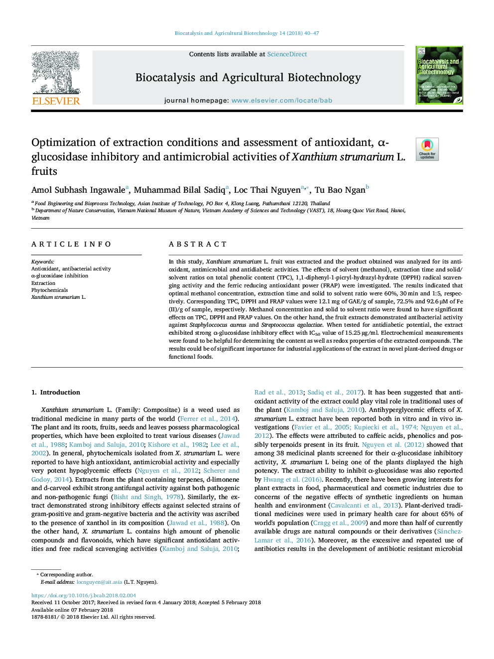 Optimization of extraction conditions and assessment of antioxidant, Î±-glucosidase inhibitory and antimicrobial activities of Xanthium strumarium L. fruits