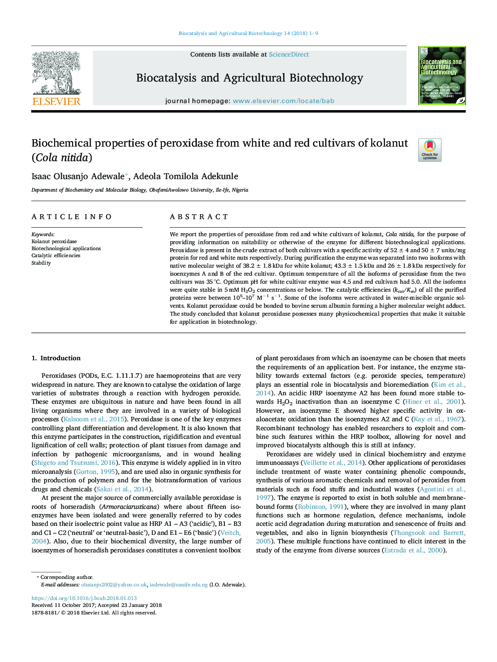 Biochemical properties of peroxidase from white and red cultivars of kolanut (Cola nitida)