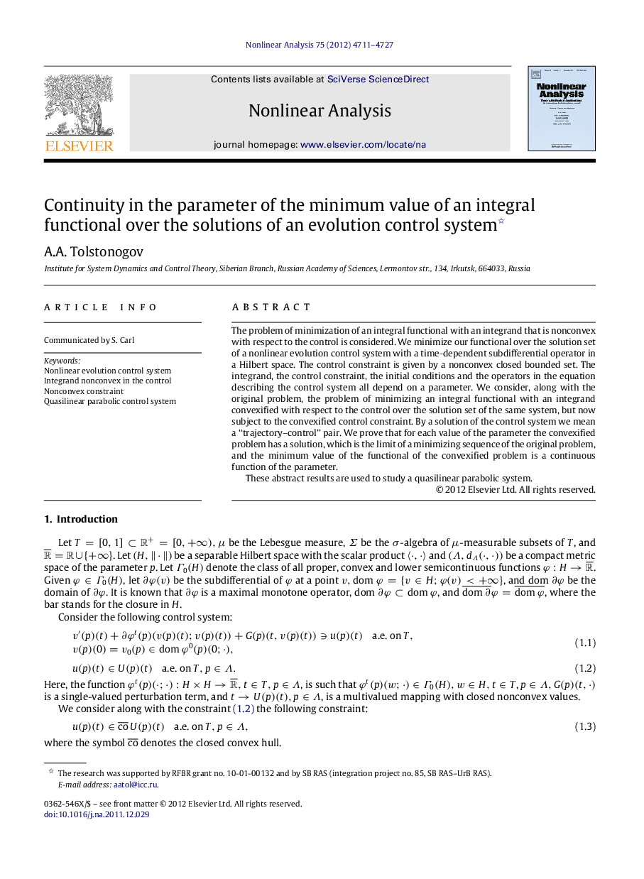 Continuity in the parameter of the minimum value of an integral functional over the solutions of an evolution control system 