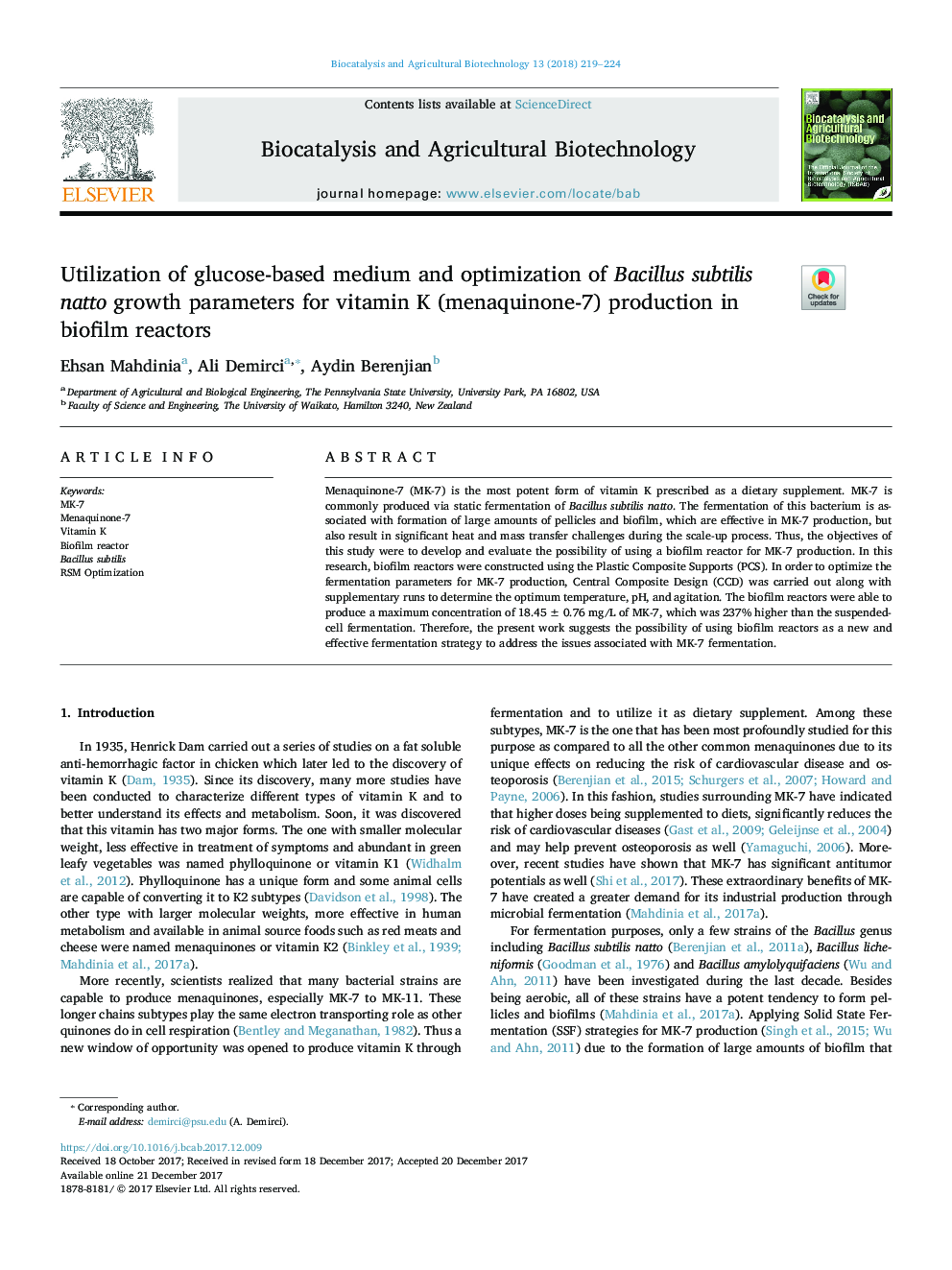 Utilization of glucose-based medium and optimization of Bacillus subtilis natto growth parameters for vitamin K (menaquinone-7) production in biofilm reactors