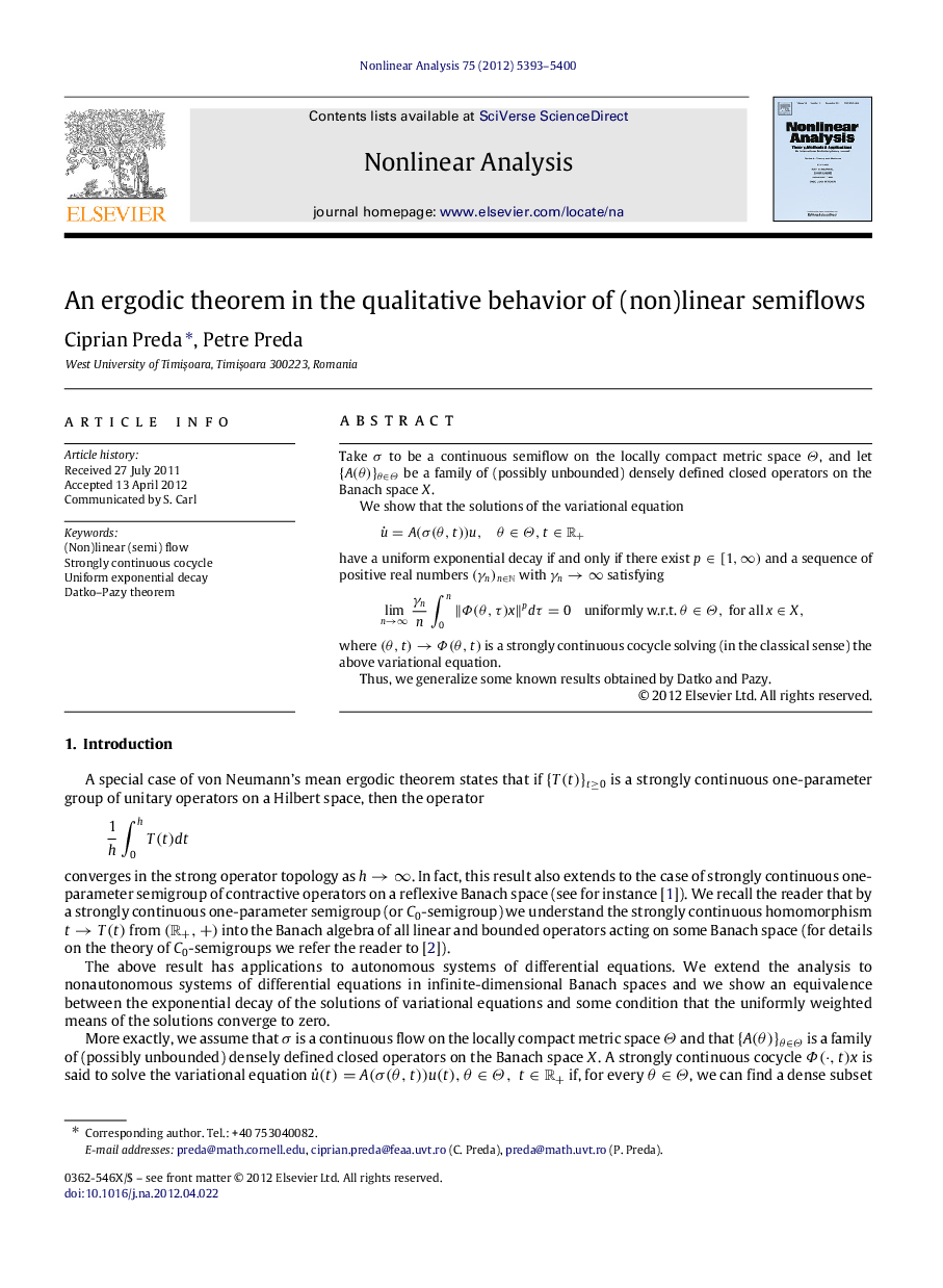 An ergodic theorem in the qualitative behavior of (non)linear semiflows
