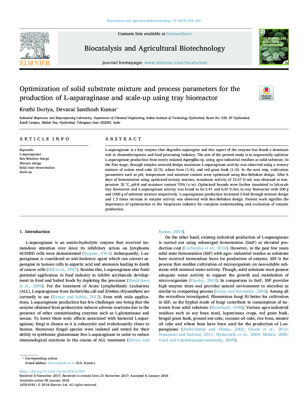 Optimization of solid substrate mixture and process parameters for the production of L-asparaginase and scale-up using tray bioreactor