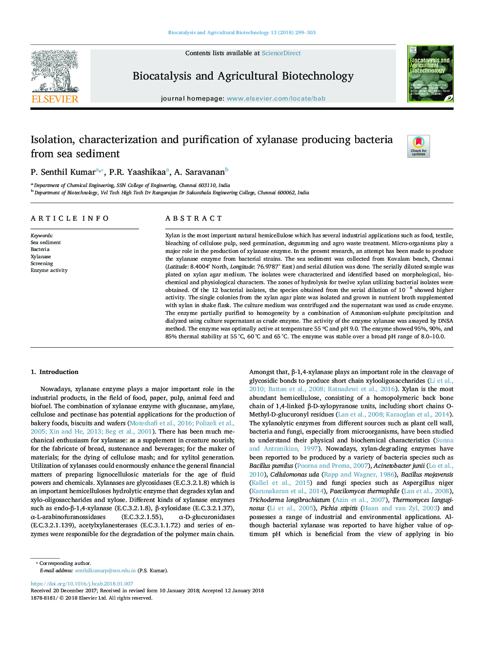 Isolation, characterization and purification of xylanase producing bacteria from sea sediment