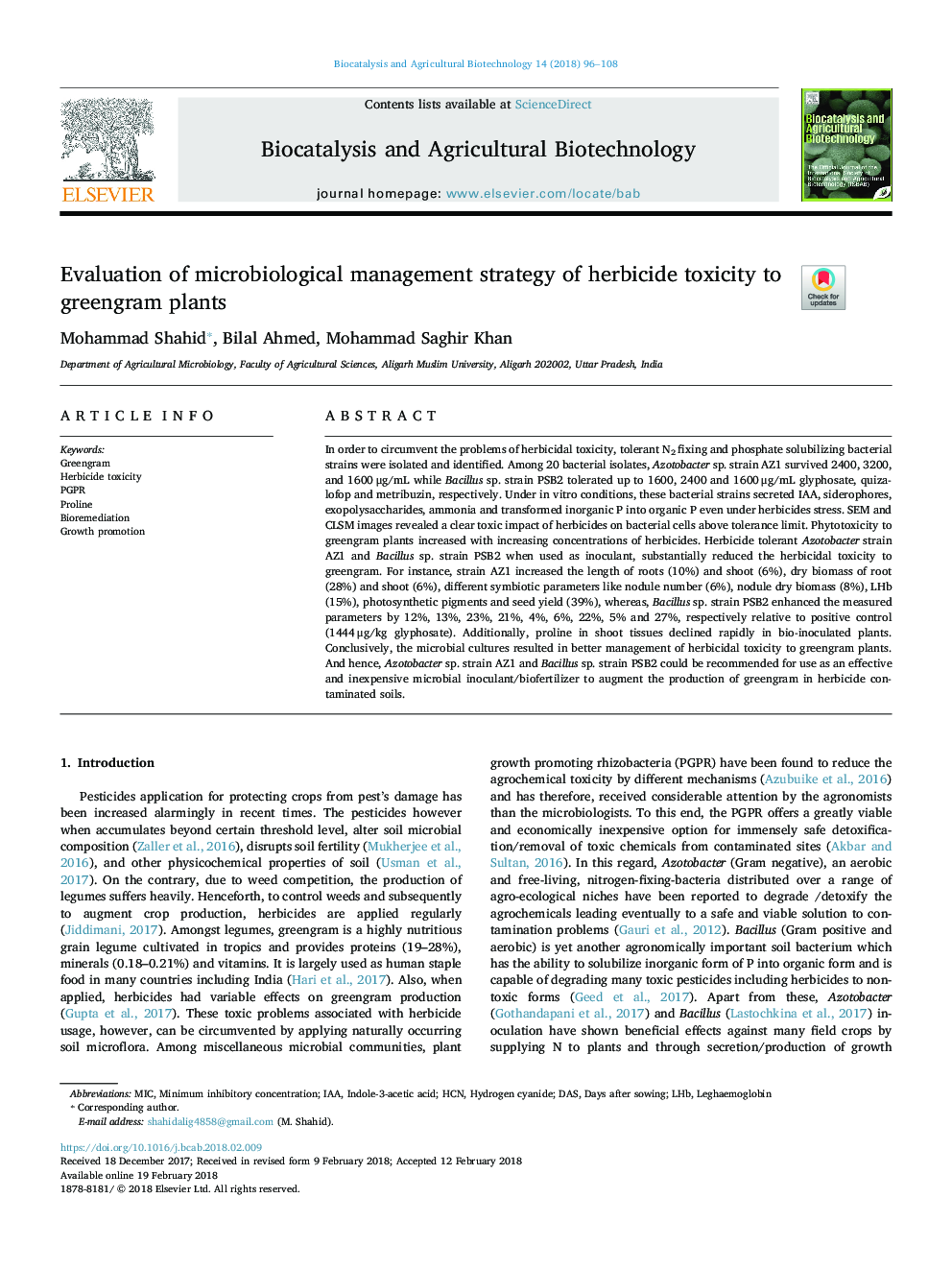 Evaluation of microbiological management strategy of herbicide toxicity to greengram plants