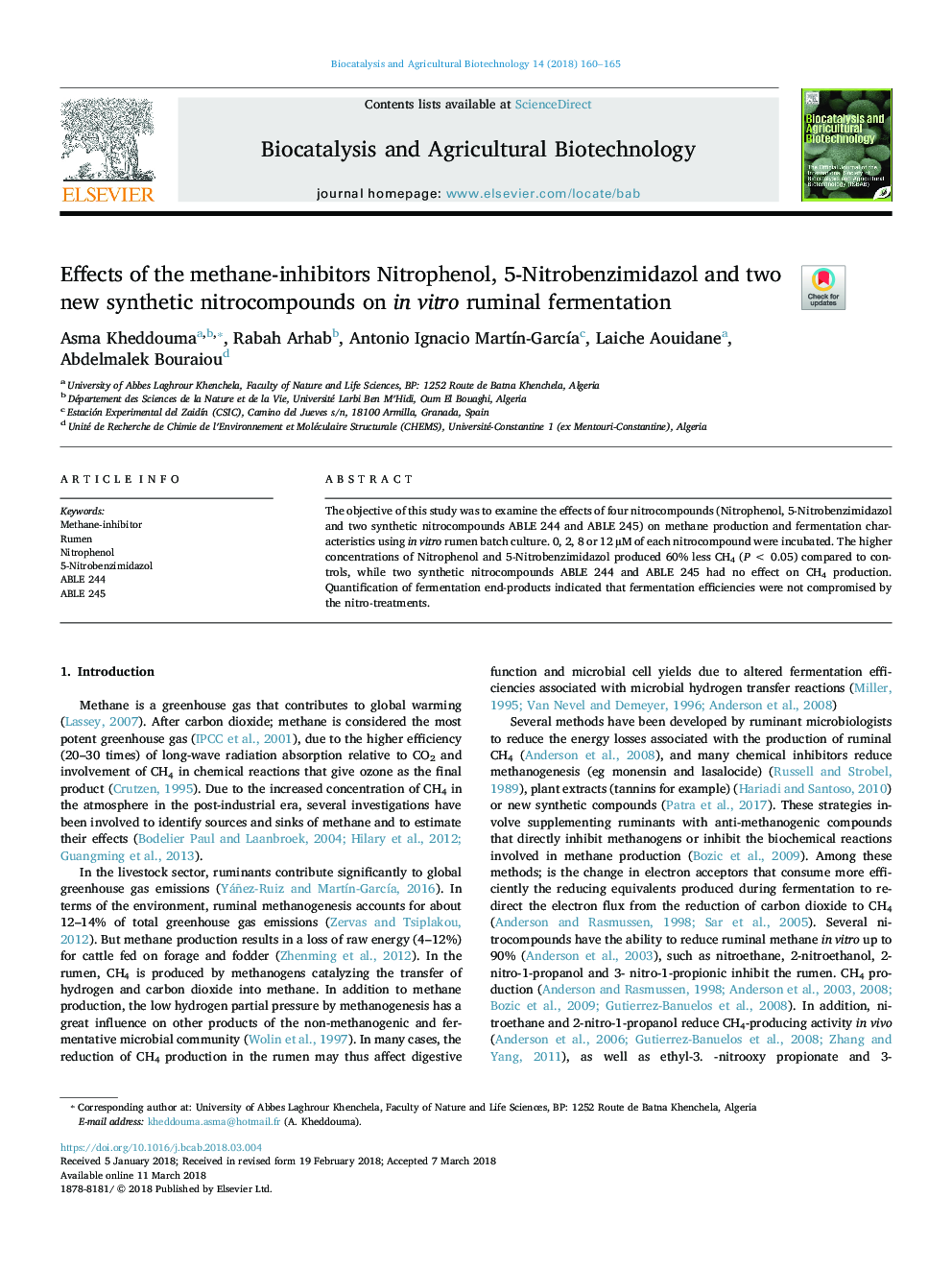 Effects of the methane-inhibitors Nitrophenol, 5-Nitrobenzimidazol and two new synthetic nitrocompounds on in vitro ruminal fermentation