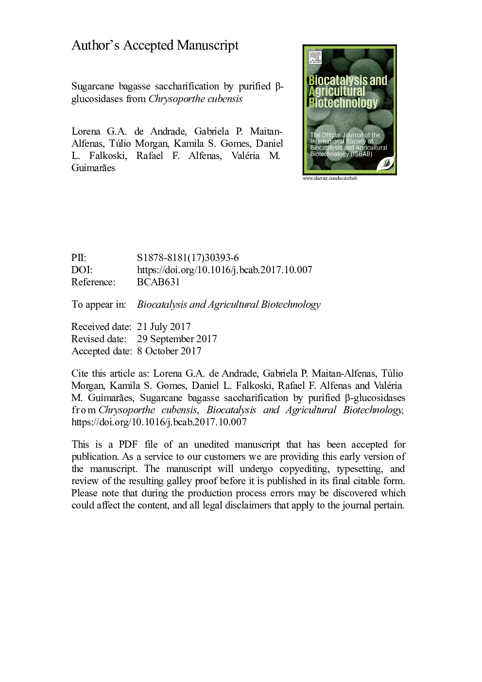 Sugarcane bagasse saccharification by purified Î²-glucosidases from Chrysoporthe cubensis