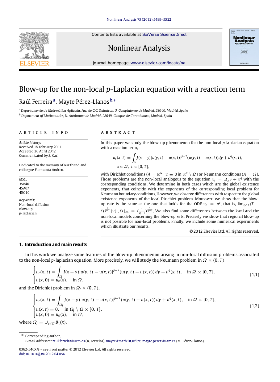 Blow-up for the non-local pp-Laplacian equation with a reaction term