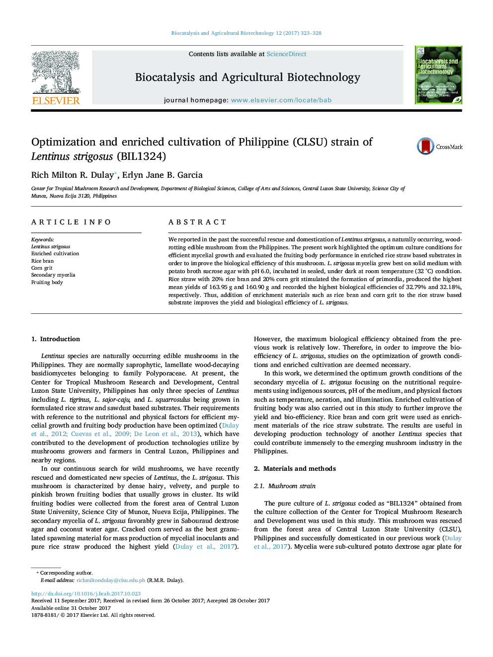 Optimization and enriched cultivation of Philippine (CLSU) strain of Lentinus strigosus (BIL1324)