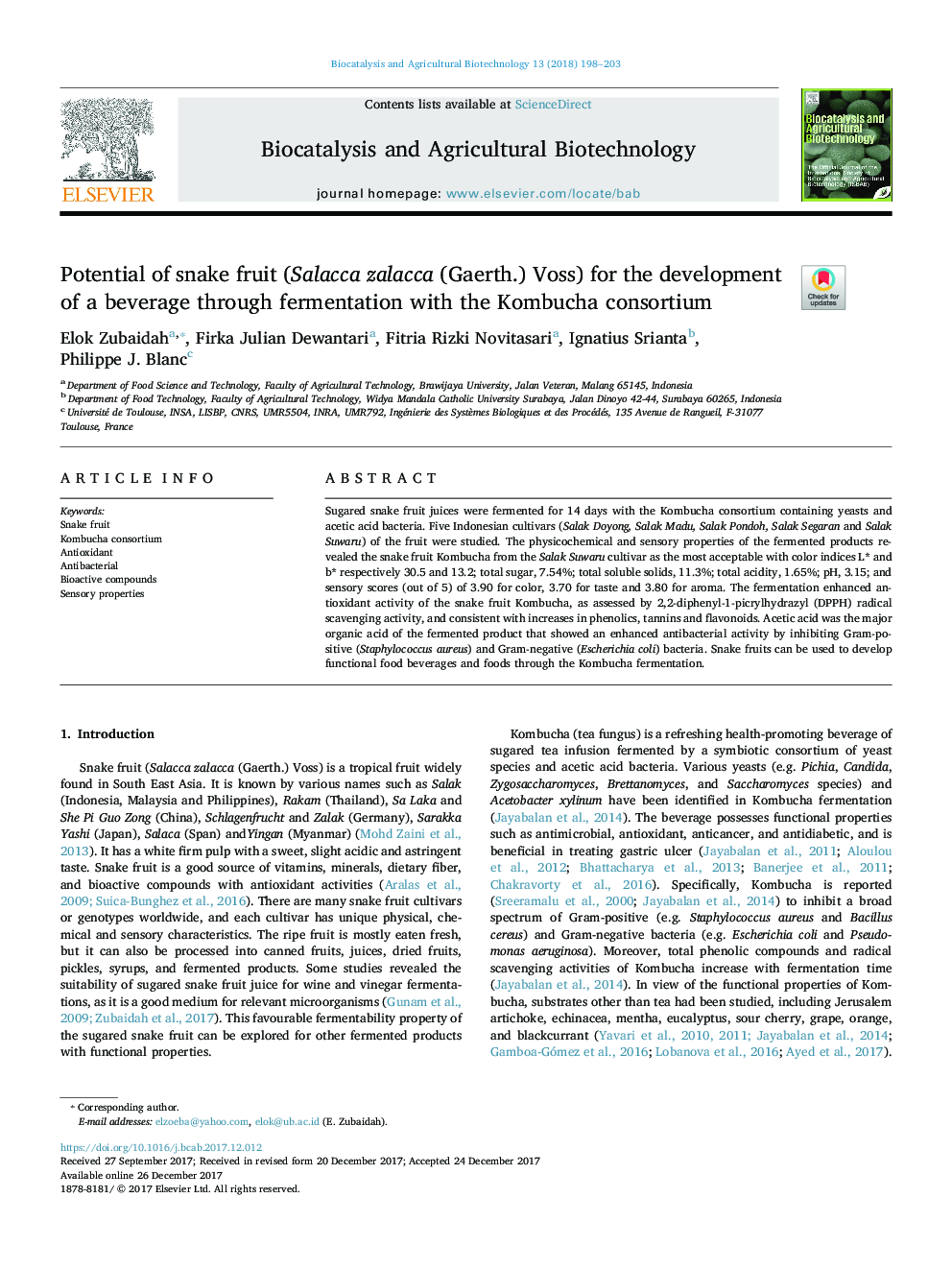 Potential of snake fruit (Salacca zalacca (Gaerth.) Voss) for the development of a beverage through fermentation with the Kombucha consortium