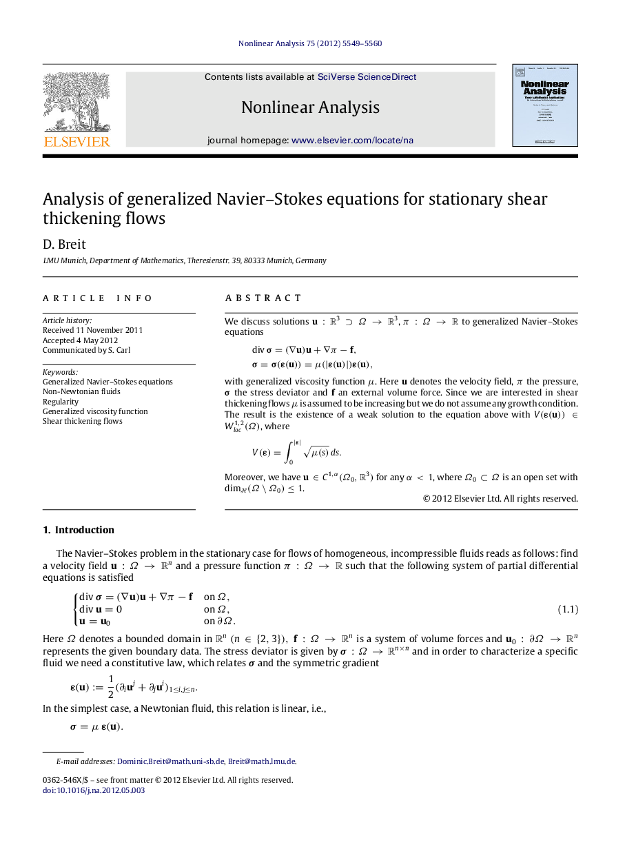 Analysis of generalized Navier–Stokes equations for stationary shear thickening flows