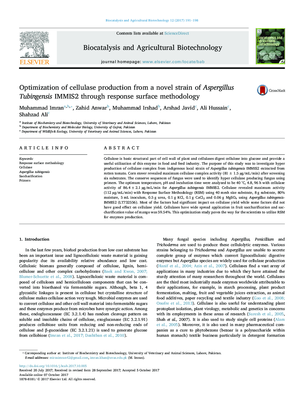 Optimization of cellulase production from a novel strain of Aspergillus Tubingensis IMMIS2 through response surface methodology