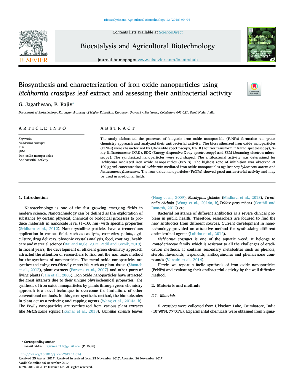 Biosynthesis and characterization of iron oxide nanoparticles using Eichhornia crassipes leaf extract and assessing their antibacterial activity