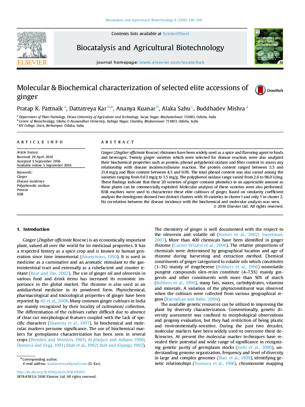 Molecular & Biochemical characterization of selected elite accessions of ginger