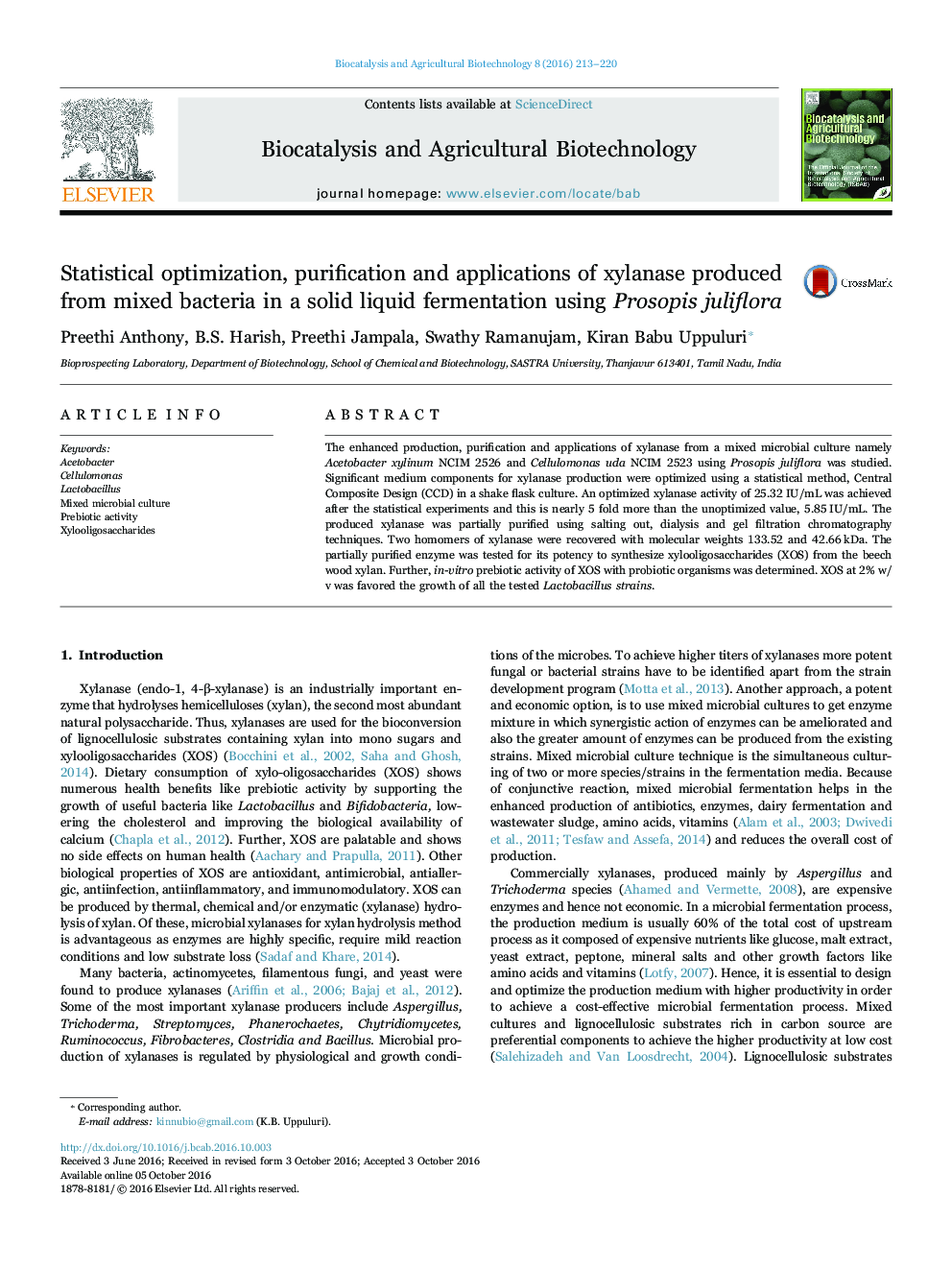 Statistical optimization, purification and applications of xylanase produced from mixed bacteria in a solid liquid fermentation using Prosopis juliflora
