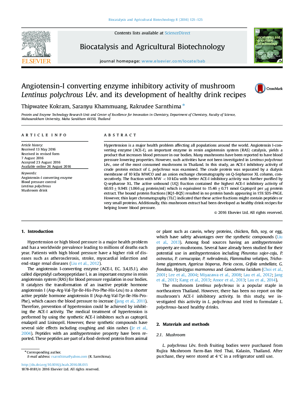 Angiotensin-I converting enzyme inhibitory activity of mushroom Lentinus polychrous Lév. and its development of healthy drink recipes