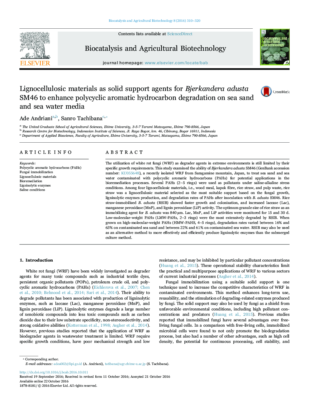 Lignocellulosic materials as solid support agents for Bjerkandera adusta SM46 to enhance polycyclic aromatic hydrocarbon degradation on sea sand and sea water media