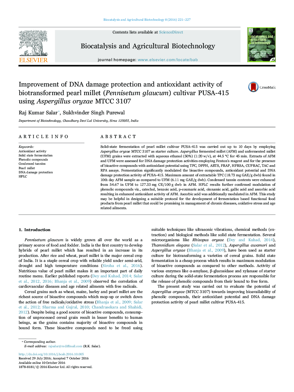 Improvement of DNA damage protection and antioxidant activity of biotransformed pearl millet (Pennisetum glaucum) cultivar PUSA-415 using Aspergillus oryzae MTCC 3107