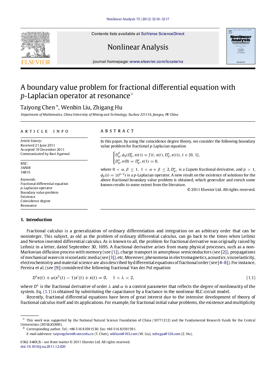 A boundary value problem for fractional differential equation with pp-Laplacian operator at resonance 