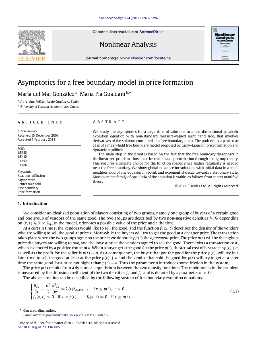 Asymptotics for a free boundary model in price formation