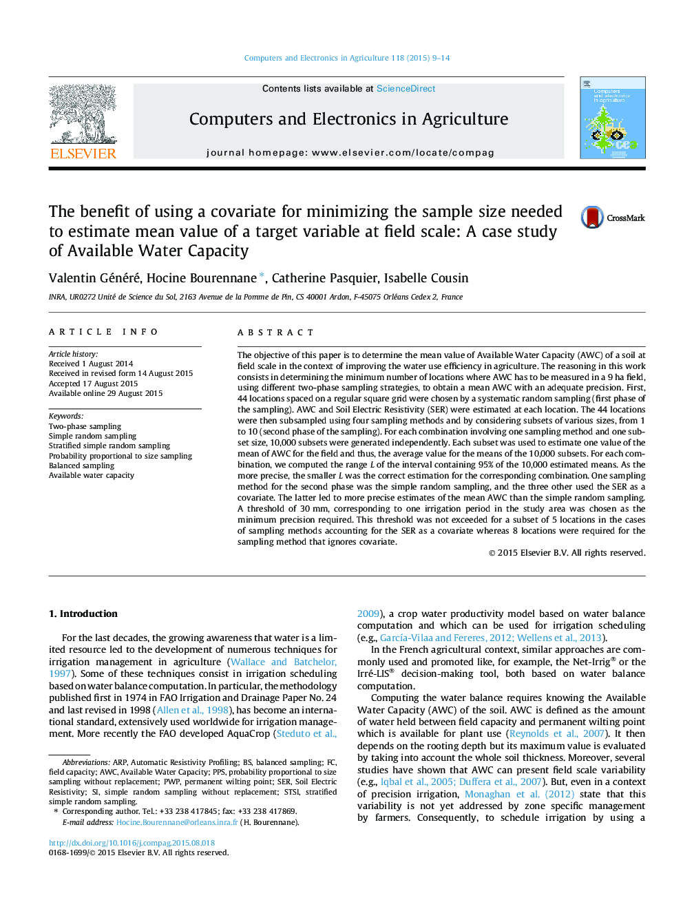 The benefit of using a covariate for minimizing the sample size needed to estimate mean value of a target variable at field scale: A case study of Available Water Capacity