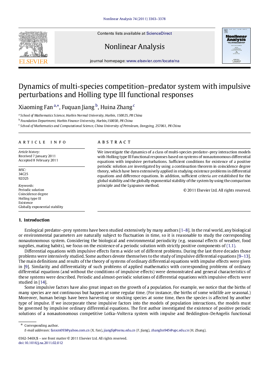 Dynamics of multi-species competition–predator system with impulsive perturbations and Holling type III functional responses