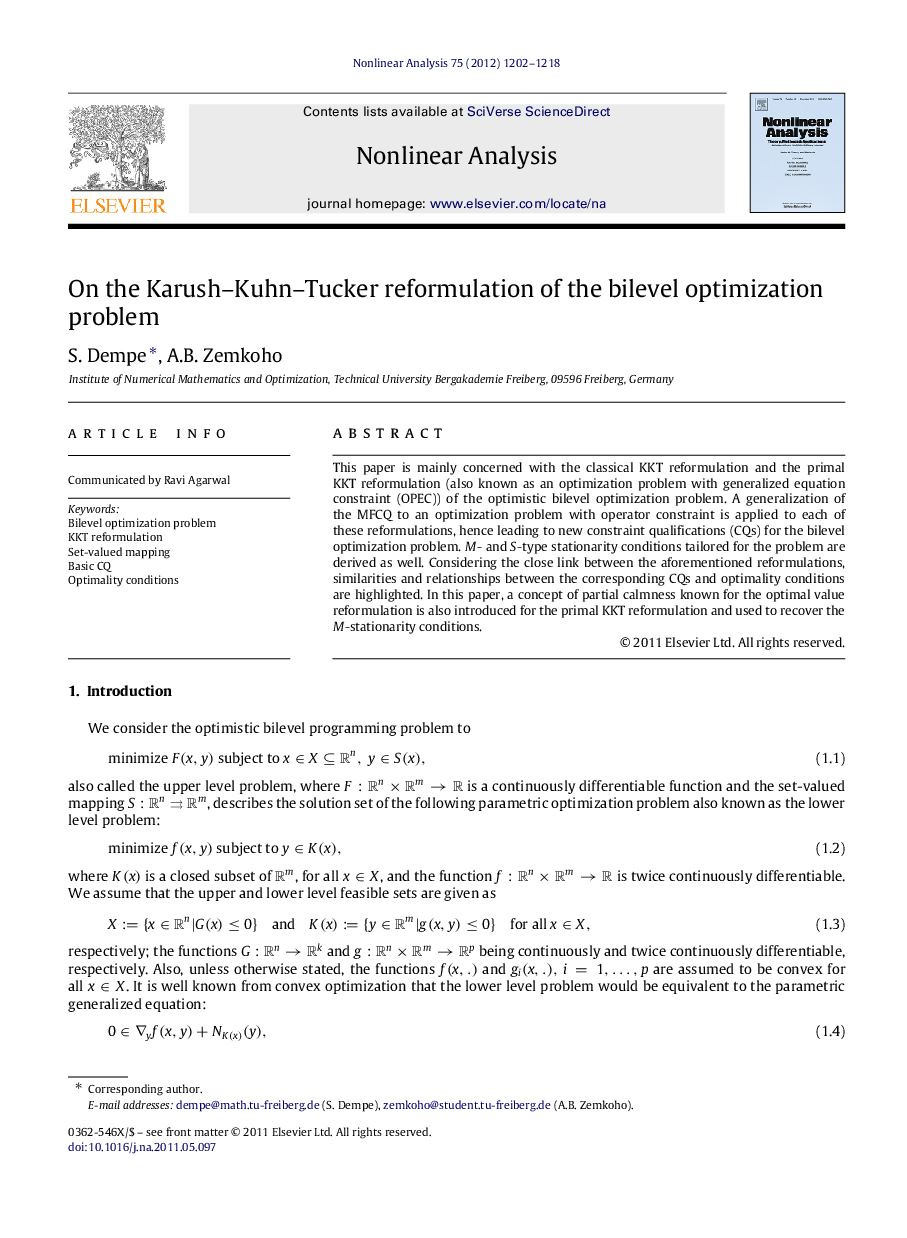 عکس صفحه اول مقاله: On the Karush–Kuhn–Tucker reformulation of the bilevel optimization problem On the Karush–Kuhn–Tucker reformulation of the bilevel optimization problem