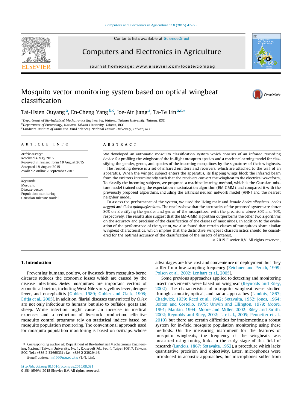 Mosquito vector monitoring system based on optical wingbeat classification