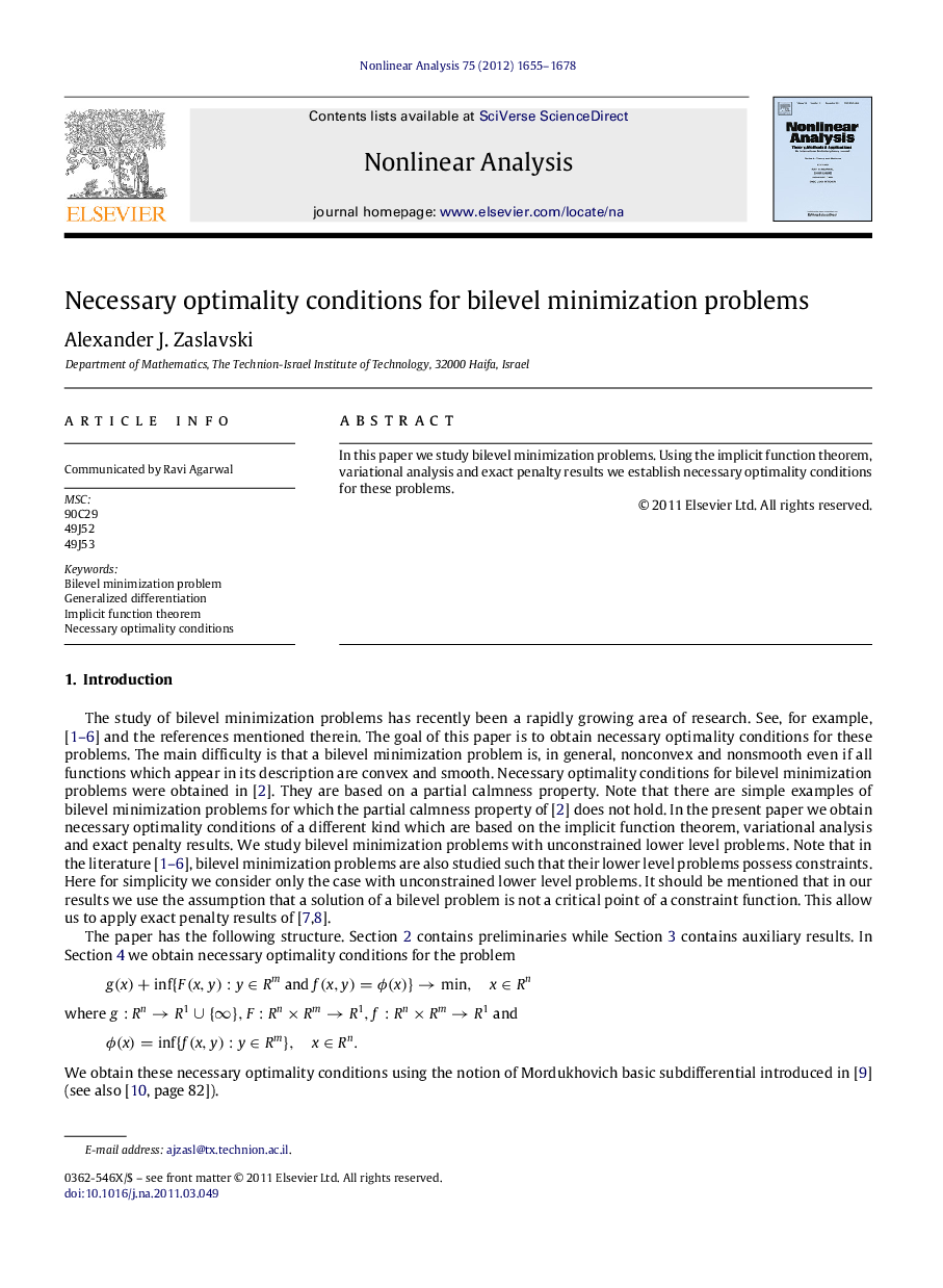 Necessary optimality conditions for bilevel minimization problems