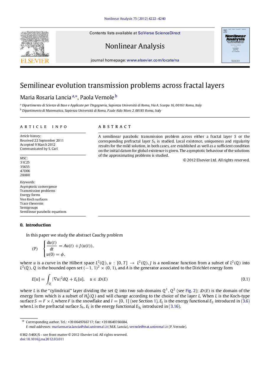 Semilinear evolution transmission problems across fractal layers