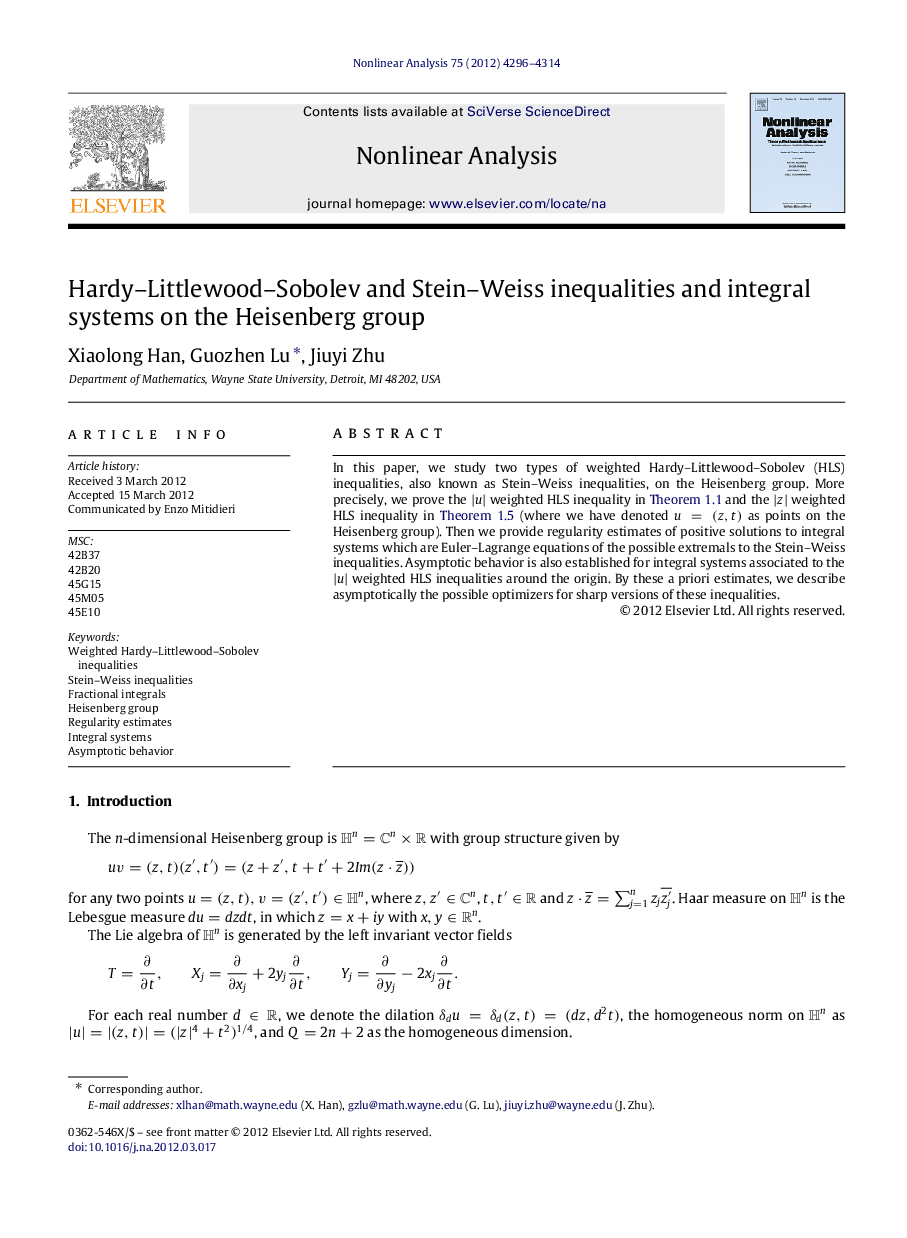 Hardy–Littlewood–Sobolev and Stein–Weiss inequalities and integral systems on the Heisenberg group