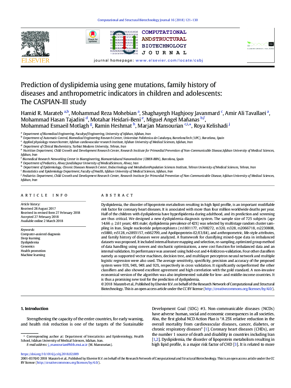 Prediction of dyslipidemia using gene mutations, family history of diseases and anthropometric indicators in children and adolescents: The CASPIAN-III study
