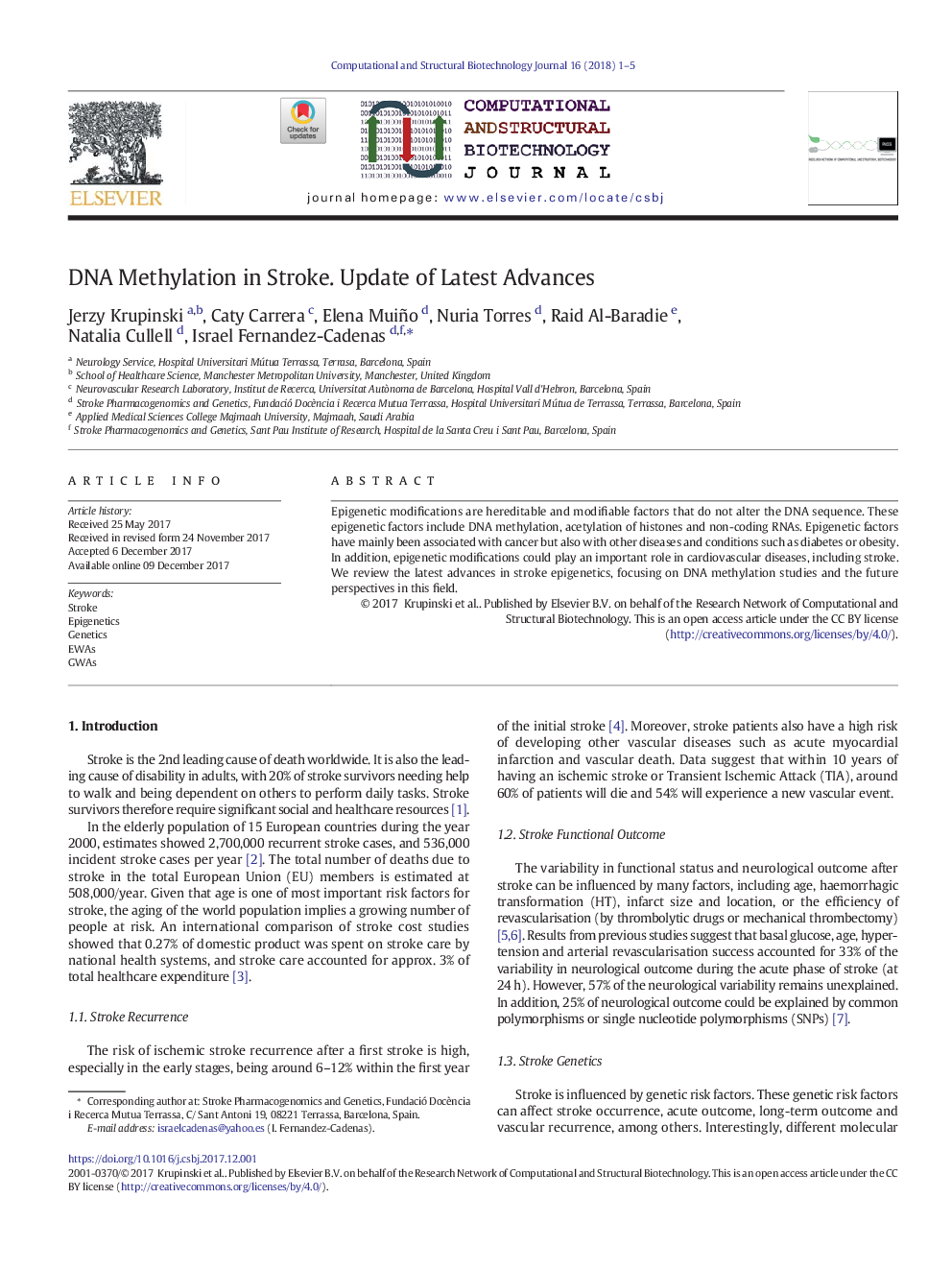 عکس صفحه اول مقاله: DNA Methylation in Stroke. Update of Latest Advances DNA Methylation in Stroke. Update of Latest Advances