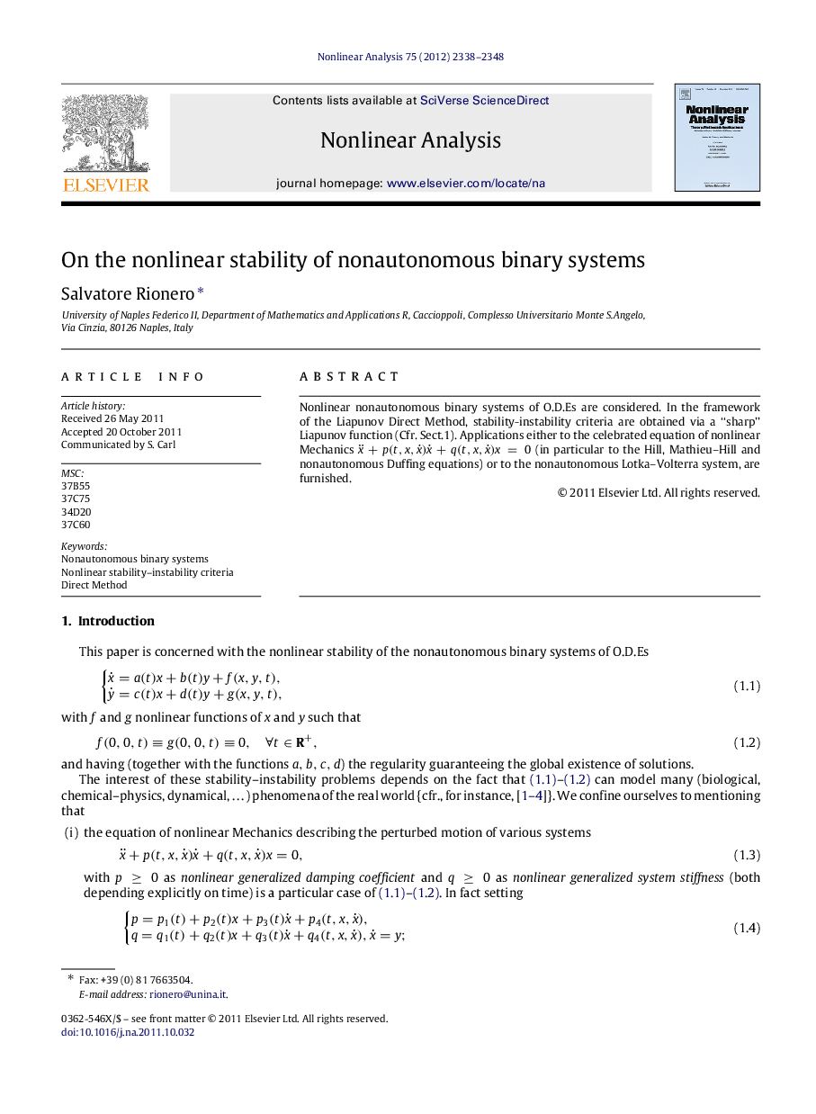 On the nonlinear stability of nonautonomous binary systems