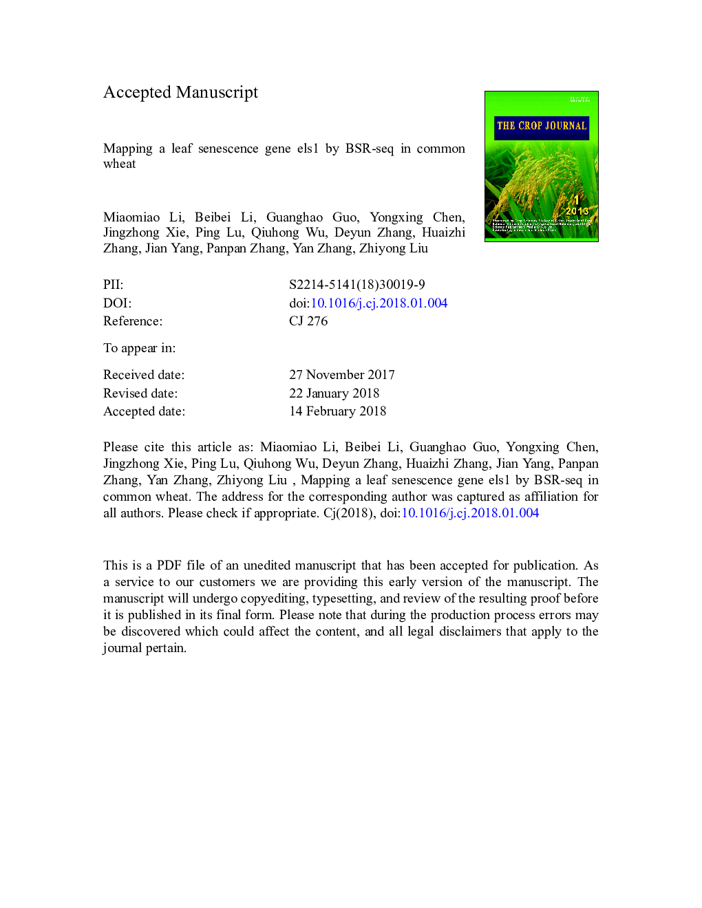 عکس صفحه اول مقاله: Mapping a leaf senescence gene els1 by BSR-Seq in common wheat Mapping a leaf senescence gene els1 by BSR-Seq in common wheat