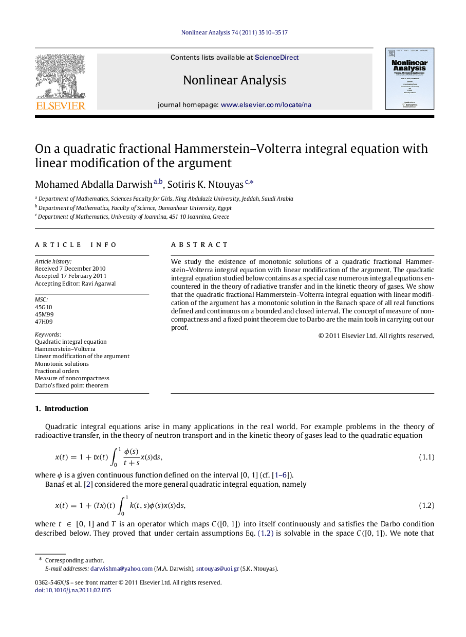 On a quadratic fractional Hammerstein–Volterra integral equation with linear modification of the argument