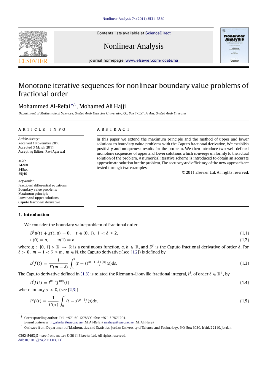 Monotone iterative sequences for nonlinear boundary value problems of fractional order