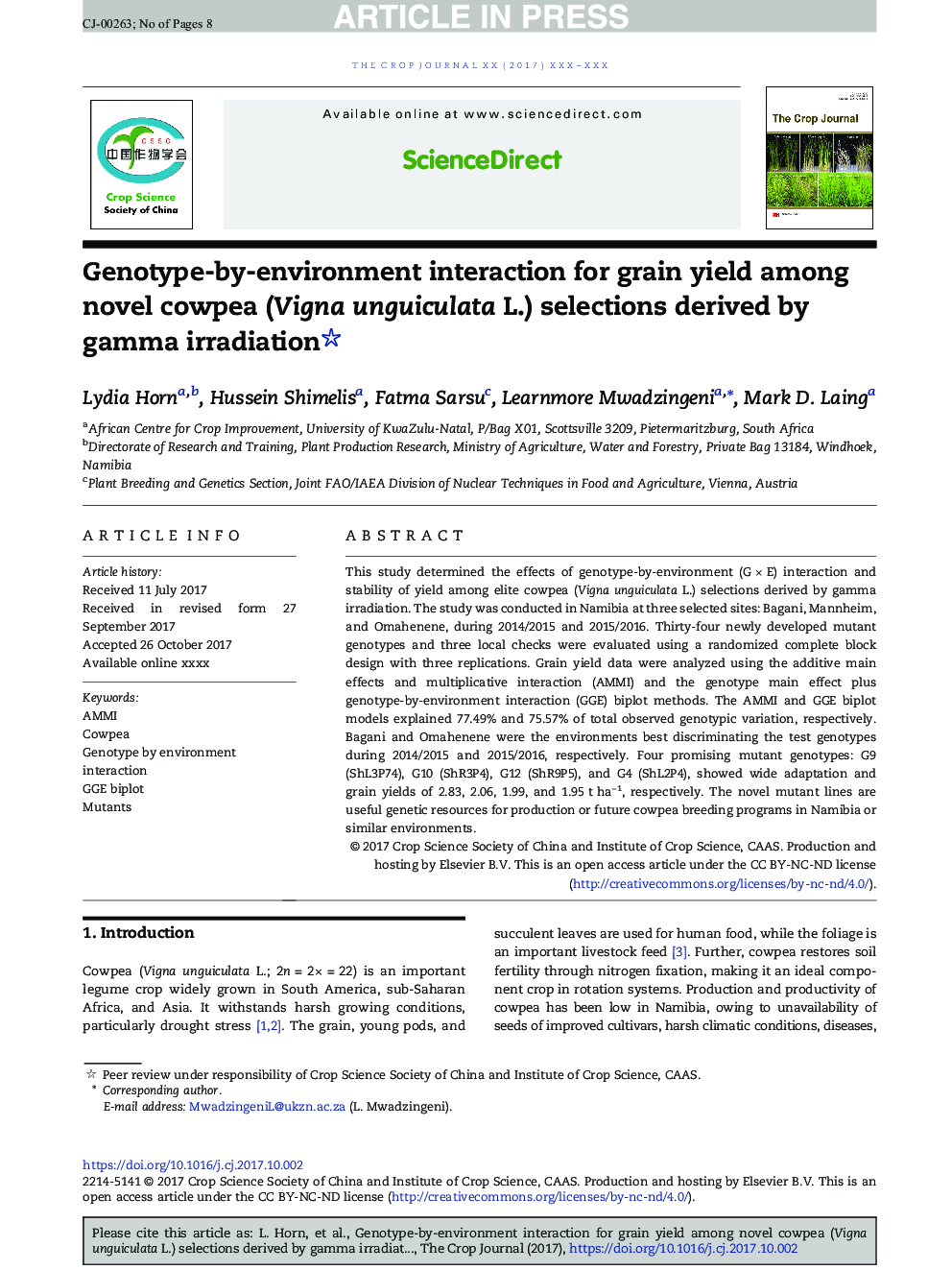 Genotype-by-environment interaction for grain yield among novel cowpea (Vigna unguiculata L.) selections derived by gamma irradiation