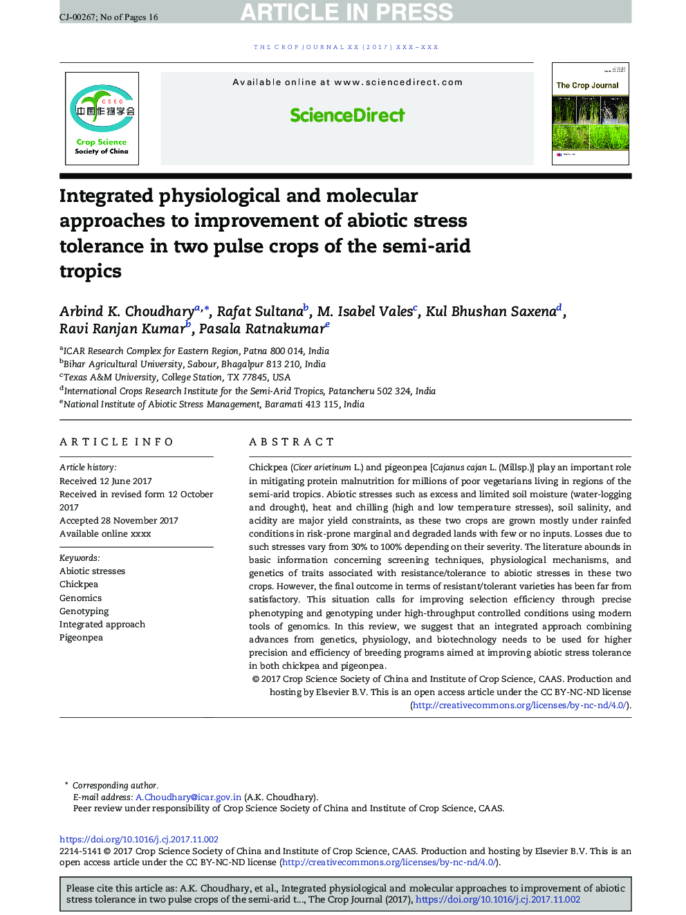 Integrated physiological and molecular approaches to improvement of abiotic stress tolerance in two pulse crops of the semi-arid tropics