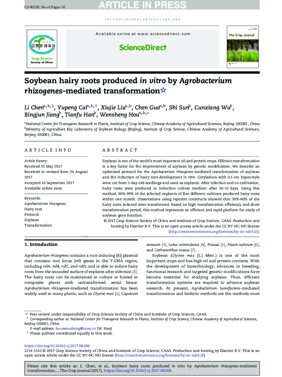 Soybean hairy roots produced in vitro by Agrobacterium rhizogenes-mediated transformation