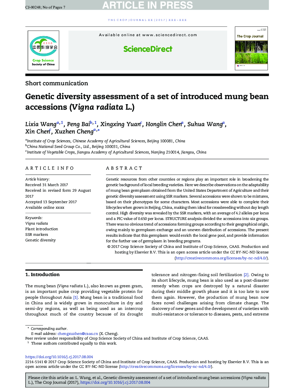 Genetic diversity assessment of a set of introduced mung bean accessions (Vigna radiata L.)