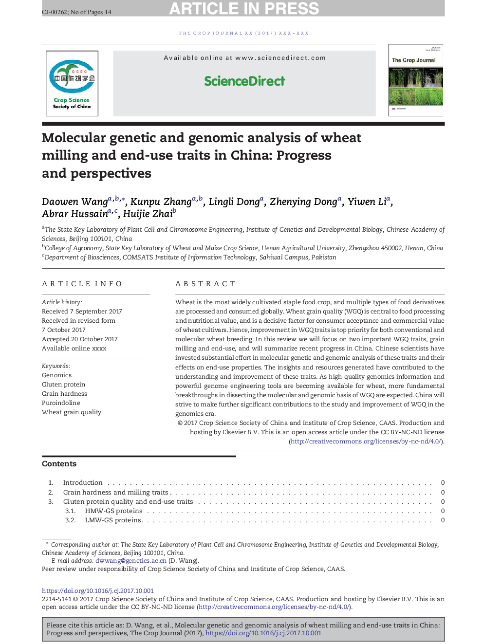 Molecular genetic and genomic analysis of wheat milling and end-use traits in China: Progress and perspectives