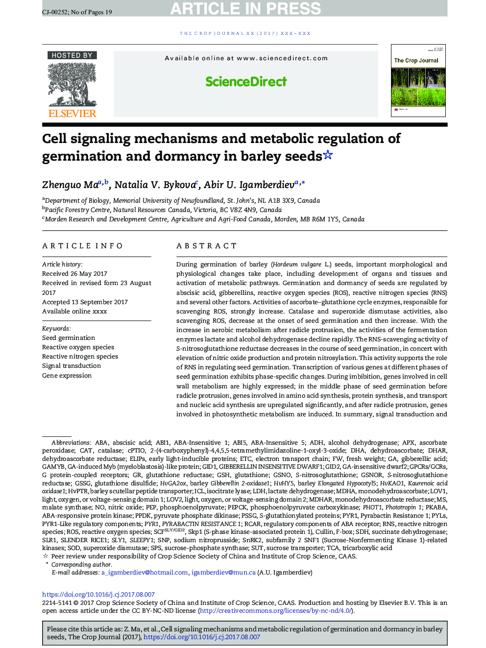 Cell signaling mechanisms and metabolic regulation of germination and dormancy in barley seeds